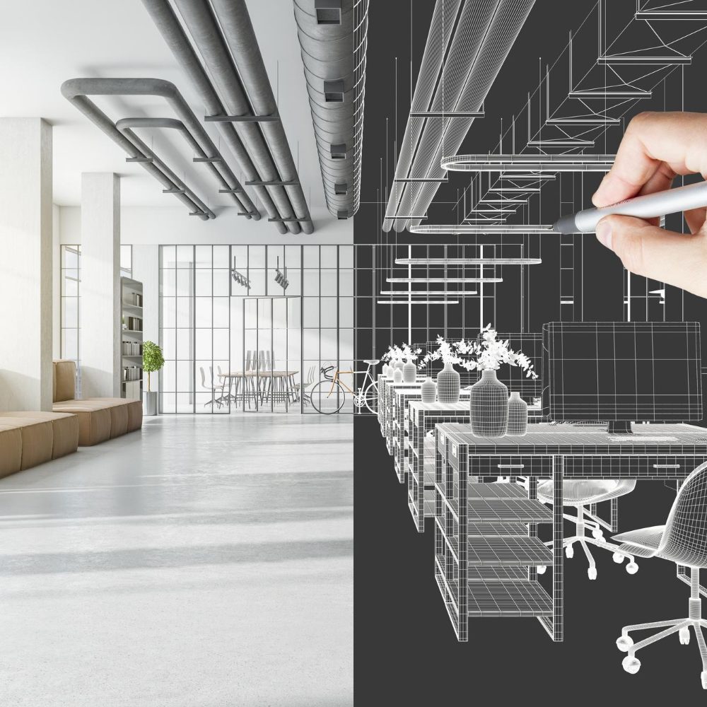 design-project-development-with-3d-visualization-sunny-industrial-open-space-office-with-sofa-concrete-floor-lattice-glass-walls-man-hand-making-sketch-workspaces-bicycle design-project-development-with-3d-visualization-sunny-industrial-open-space-office-with-sofa-concrete-floor-lattice-glass-walls-man-hand-making-sketch-workspaces-bicycle